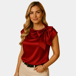 Blouse femme en satin sans manches avec grand noeud