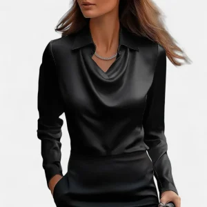 Blouse en Satin à Col en V Plissé pour Femme